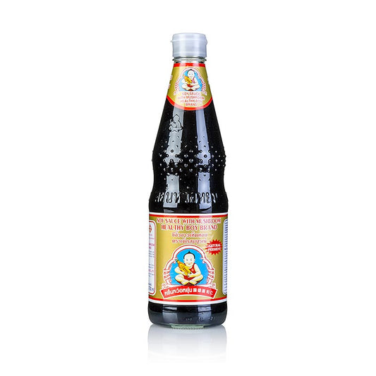 Soja-Sauce - Shoyu, Healthy Boy, dunkel, mit Pilzen, 700 ml: Eine kräftige dunkle Würzsauce aus natürlich gebrauter Sojasauce, ideal für asiatische Fleisch- und Pilzgerichte, Reispfannen und Saucen, verleiht einen feinen Pilzgeschmack