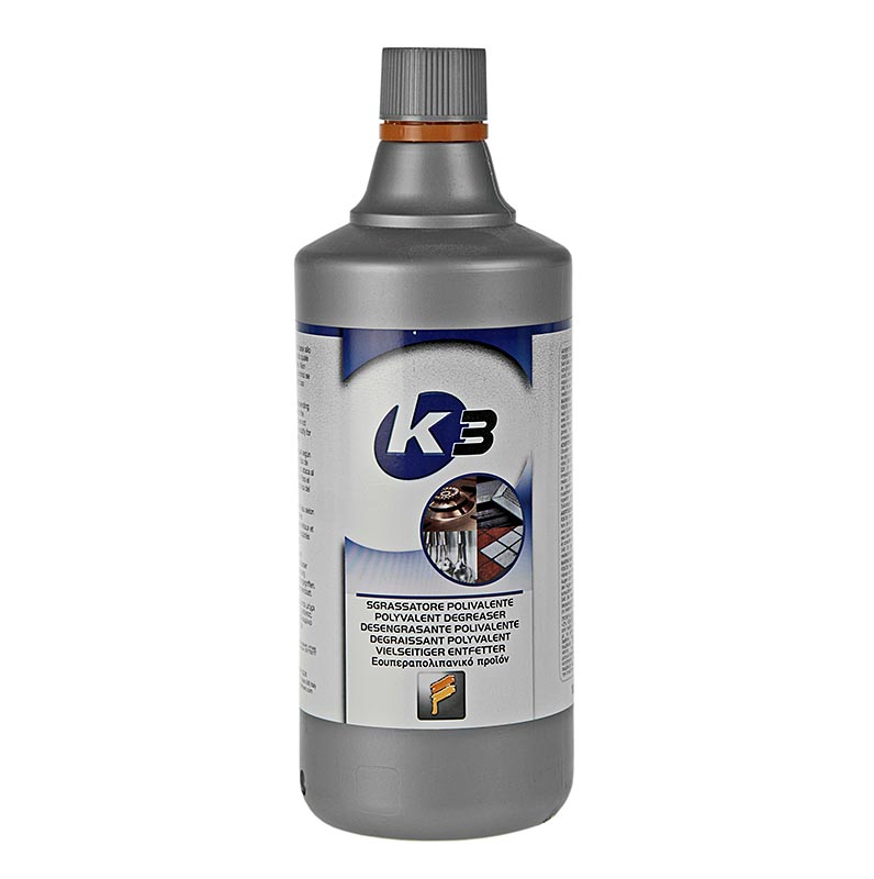 K3 - konzentrierter Fettlöser, HACCP-konform, Herold, 1 l - Hochwirksamer Reiniger für alle Oberflächen, einschließlich Fußböden, Fensterscheiben, Kunststoff- und Gummiteile, mit einfacher Verdünnung je nach Anwendung von 1:3 bis 1:20, bitte nur mit Handschuhen verwenden, greift Aluminium bei korrekter Dosierung nicht an