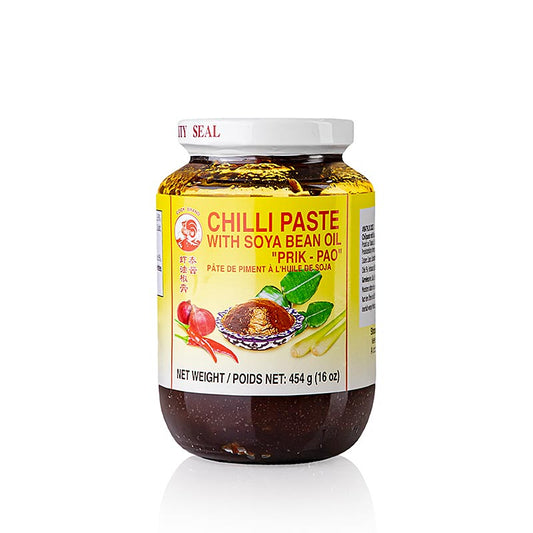 Chili-Paste - Nam Prik Pao, mit Sojabohnenöl, Cock Brand, 454 g - Eine 454 g Packung der beliebten Chili-Paste mit Sojabohnenöl von Cock Brand Würzig und vielseitig einsetzbar für die Zubereitung von köstlichen Gerichten