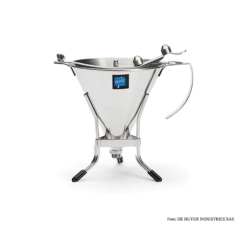 Automatischer deBUYER Fondanttrichter mit 3 austauschbaren Tüllengrößen und Gestell, 1,5 Liter Kapazität Hergestellt aus hochwertigen Materialien, ideal für präzise Torten- und Gebäckdekoration