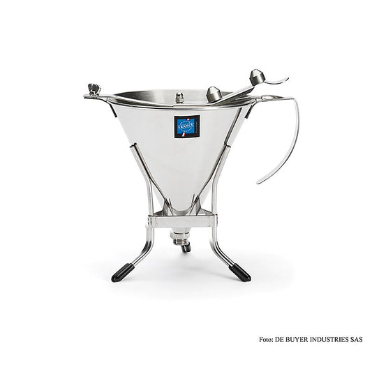 Automatischer deBUYER Fondanttrichter mit 3 austauschbaren Tüllengrößen und Gestell, 1,5 Liter Kapazität Hergestellt aus hochwertigen Materialien, ideal für präzise Torten- und Gebäckdekoration