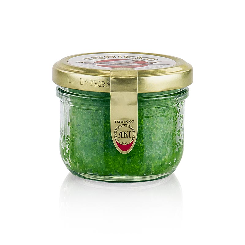 Original Tobiko - Fliegender Fisch-Rogen, grün, mit Wasabi, 90 g - Japanischer grüner Fliegender Fisch-Rogen mit scharfem Wasabi, 90 g - hochwertige Delikatesse für Sushi-Liebhaber