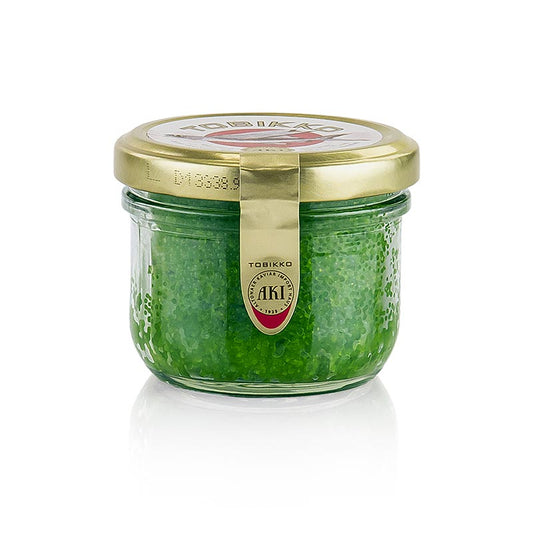 Original Tobiko - Fliegender Fisch-Rogen, grün, mit Wasabi, 90 g - Japanischer grüner Fliegender Fisch-Rogen mit scharfem Wasabi, 90 g - hochwertige Delikatesse für Sushi-Liebhaber