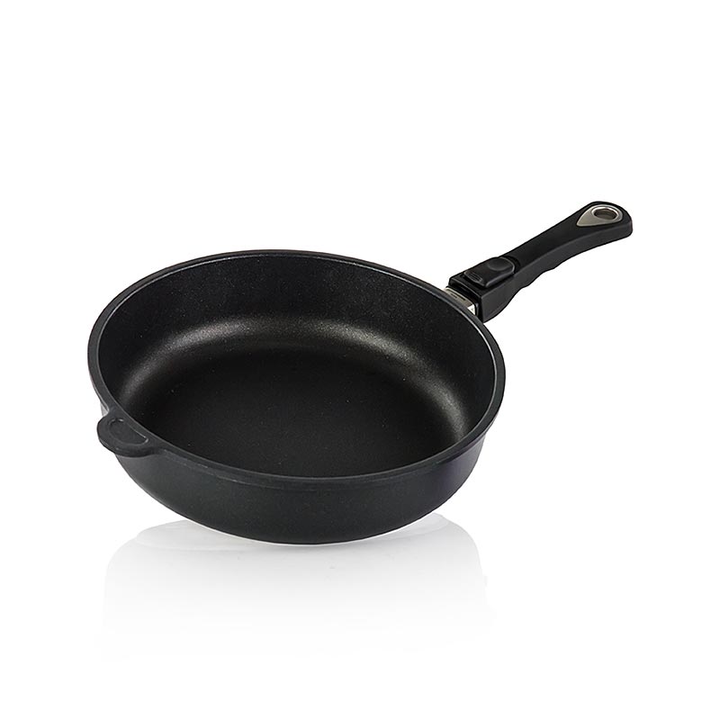 AMT Gastroguss, Schmorpfanne, ø 28cm, 7cm hoch, mit abnehmbarem Griff, 1 St - Hochwertige Aluminiumguss-Kochgeschirr mit Mikrofein abgedrehtem Thermoboden und 3-Schichten-Oberflächenversiegelung Hervorragend für fettfreies Schmoren und Braten, mit funktionellen und ergonomischen Griffen Ofenfest bis 260°C