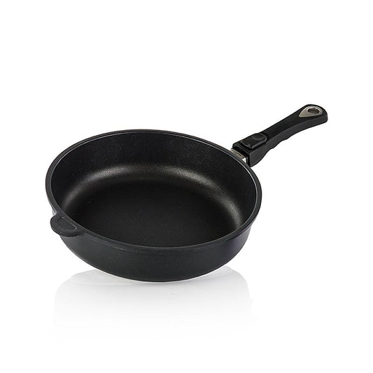 AMT Gastroguss, Schmorpfanne, ø 28cm, 7cm hoch, mit abnehmbarem Griff, 1 St - Hochwertige Aluminiumguss-Kochgeschirr mit Mikrofein abgedrehtem Thermoboden und 3-Schichten-Oberflächenversiegelung Hervorragend für fettfreies Schmoren und Braten, mit funktionellen und ergonomischen Griffen Ofenfest bis 260°C
