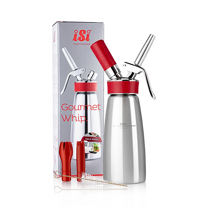 Espuma-Sprüher, Gourmet Whip Plus, komplett, Edelstahl matt, 500 ml, rot, zur Zubereitung von Espumas, Fingerfood, Saucen, Suppen und Desserts Geeignet für kalte und warme Anwendungen Spülmaschinenfest Inklusive Tüllen und Reinigungsbürste