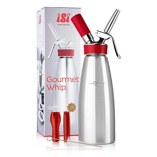 Espuma - Sprayer, Gourmet Whip Plus, komplett, Edelstahl matt, 1 Liter, rot, 1 St - Verbesserte Produkt- und Pflegeeigenschaft durch korrosionsgeschütztem Voll-Edelstahlkopf