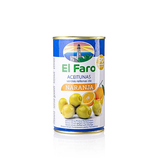 Olive verdi senza nocciolo, con pasta d'arancia, in salamoia, El Faro, 350 g