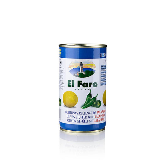 Grüne Oliven, ohne Kern, gefüllt mit pikantem Jalapeno-Chili, El Faro, 350 g