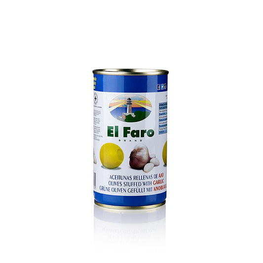 Grüne Manzanilla Oliven gefüllt mit Knoblauchpaste, in Lake, El Faro, 350 g