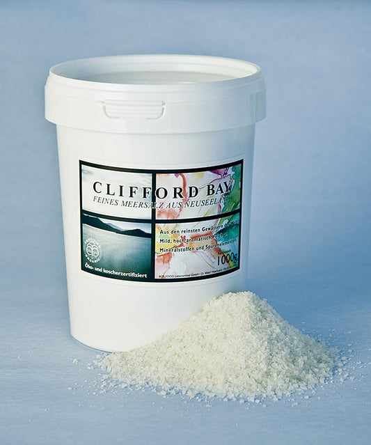 Clifford Bay, feinkörniges Meersalz, Neuseeland, 1 kg - hochreines Salz mit lebenswichtigen Mineralstoffen und Spurenelementen wie Eisen, Magnesium, Kalium und Selen, ideal zum Kochen von Pasta, Reis, Kartoffeln, Eintöpfen und Suppen