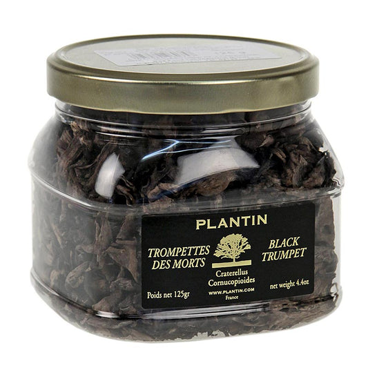 Bild von Herbsttrompeten - Trompettes de la Mort, Plantin, 125 g, einem vielseitig verwendbaren Pilzprodukt für Suppen, Saucen, Braten und vieles mehr