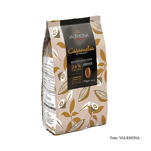 Valrhona Caramelia, Karamel-Vollmilch Couverture, Callets, 36% Kakao, 3 kg - zarte und köstliche Schokolade mit sahnigen Milchnoten und cremigem Karamellgeschmack, geeignet für Überzüge, Saucen, Mousse, Dekore, Speiseeis oder Pralinenfüllungen