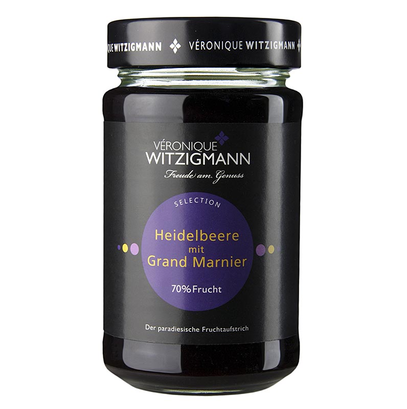 Fruchtaufstrich Heidelbeere mit Grand Marnier aus Oma Witzigmanns Küche, 225 g Aromatische Heidelbeeren verfeinert mit einem Schuss Grand Marnier, perfekt auf frischem Brioche Qualitätsprodukt von Véronique Witzigmann, schonend eingekocht in Handarbeit
