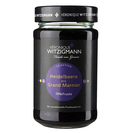 Fruchtaufstrich Heidelbeere mit Grand Marnier aus Oma Witzigmanns Küche, 225 g Aromatische Heidelbeeren verfeinert mit einem Schuss Grand Marnier, perfekt auf frischem Brioche Qualitätsprodukt von Véronique Witzigmann, schonend eingekocht in Handarbeit