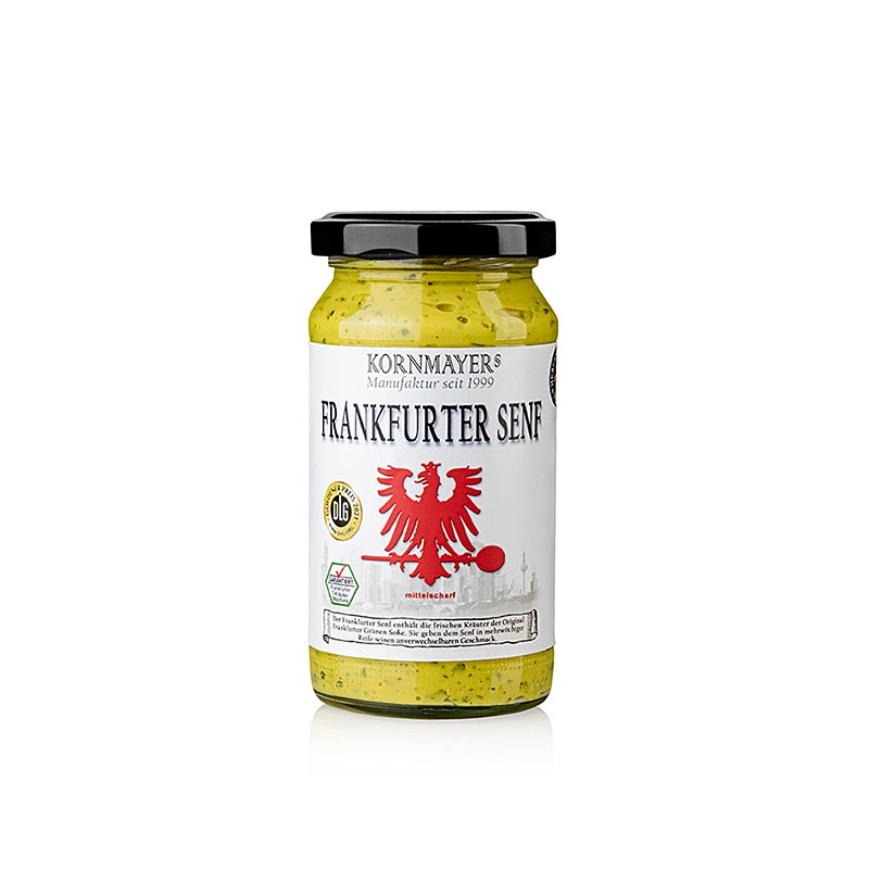 Kornmayer - Frankfurter Senf, mittelscharf, mit Grüne Soße Kräutern, 210 ml - Produktbild mit mittelscharfem Senf, der mit frischen Kräutern der berühmten Frankfurter Grünen Soße verfeinert ist, perfekt geeignet zu gegrilltem Fleisch und Würstchen sowie als Zutat für Salatmarinaden und zum Frankfurter Würstchen