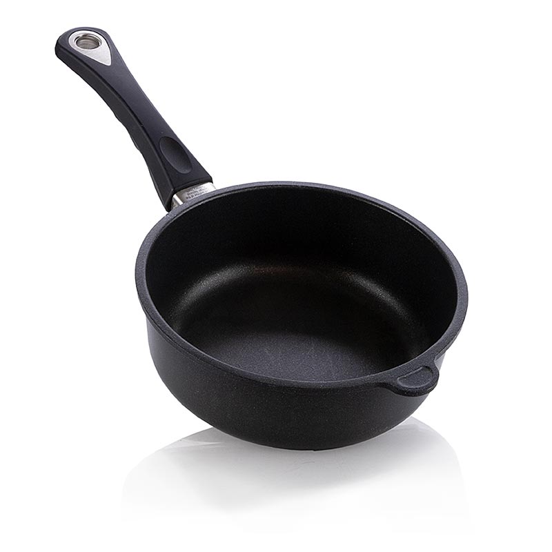 German: AMT Gastroguss Schmorpfanne mit einem Durchmesser von 20 cm und einer Höhe von 7 cm, hochwertiges Kochgeschirr aus Aluminiumguss, geeignet für alle Herdarten inklusive Induktion, langlebig und robust