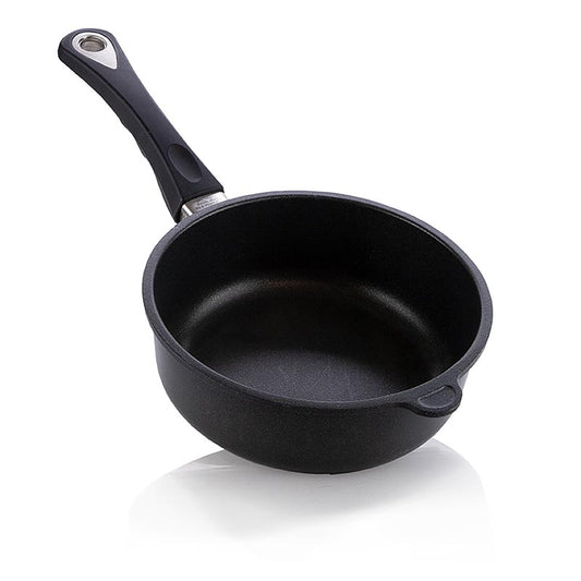 German: AMT Gastroguss Schmorpfanne mit einem Durchmesser von 20 cm und einer Höhe von 7 cm, hochwertiges Kochgeschirr aus Aluminiumguss, geeignet für alle Herdarten inklusive Induktion, langlebig und robust
