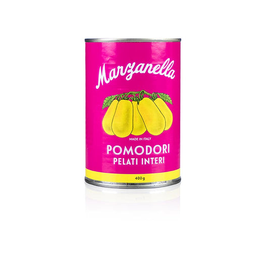 Geschälte gelbe Tomaten Marzanello, ganz, Kampanien, Italien, 400 g - Sonnengereifte, mild-aromatische gelbe Tomaten aus Kampanien, ideal zu delikaten Nudelsaucen oder zu leichten Fisch- und Fleischgerichten