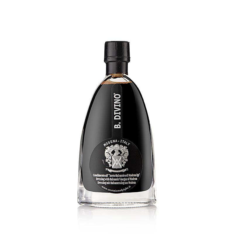 Balsamo Divino Condimento, 6 Jahre, Eichen- & Akazienholzfass, Malpighi, 200 ml - Ein exquisiter Balsamico mit ölartiger Konsistenz und Aromen von Tabak, Eichenholz, Himbeere, Cassis und süßer Erdbeere, gereift in Eichen- und Akazienholzfässern