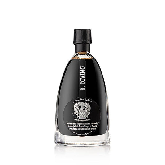 Balsamo Divino Condimento, 6 Jahre, Eichen- & Akazienholzfass, Malpighi, 200 ml - Ein exquisiter Balsamico mit ölartiger Konsistenz und Aromen von Tabak, Eichenholz, Himbeere, Cassis und süßer Erdbeere, gereift in Eichen- und Akazienholzfässern