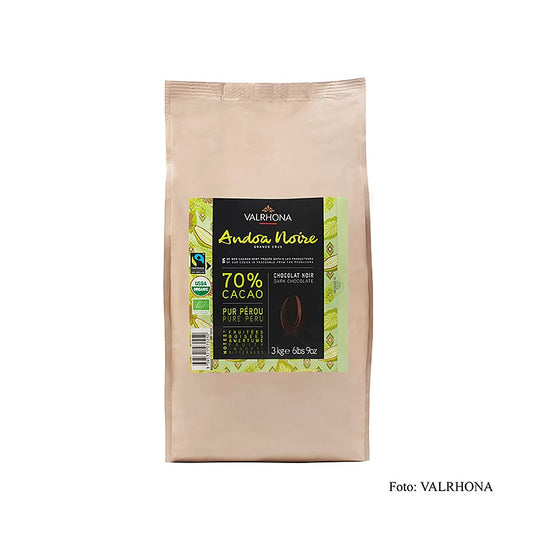 Valrhona Andoa Noire 70% 3 kg Callets, Fairtrade, BIO (12515), 3 kg - Biologische, fair gehandelte Couverture mit 70% Kakaoanteil für vielfältige Patisserie Anwendungen, mit fruchtigen und erdigen Aromen