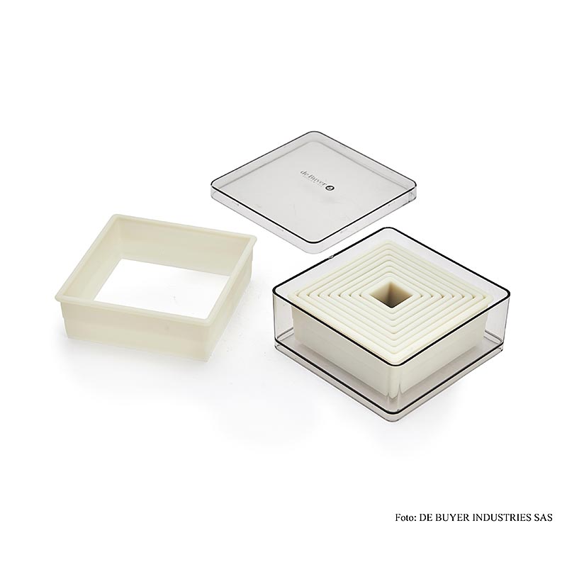 deBUYER Tagliabiscotti, quadrati, in plastica, ø 1,8/2,5/3,5/4,5/5,5/6,5/7,5/8,5/9,5 cm, 9 pezzi