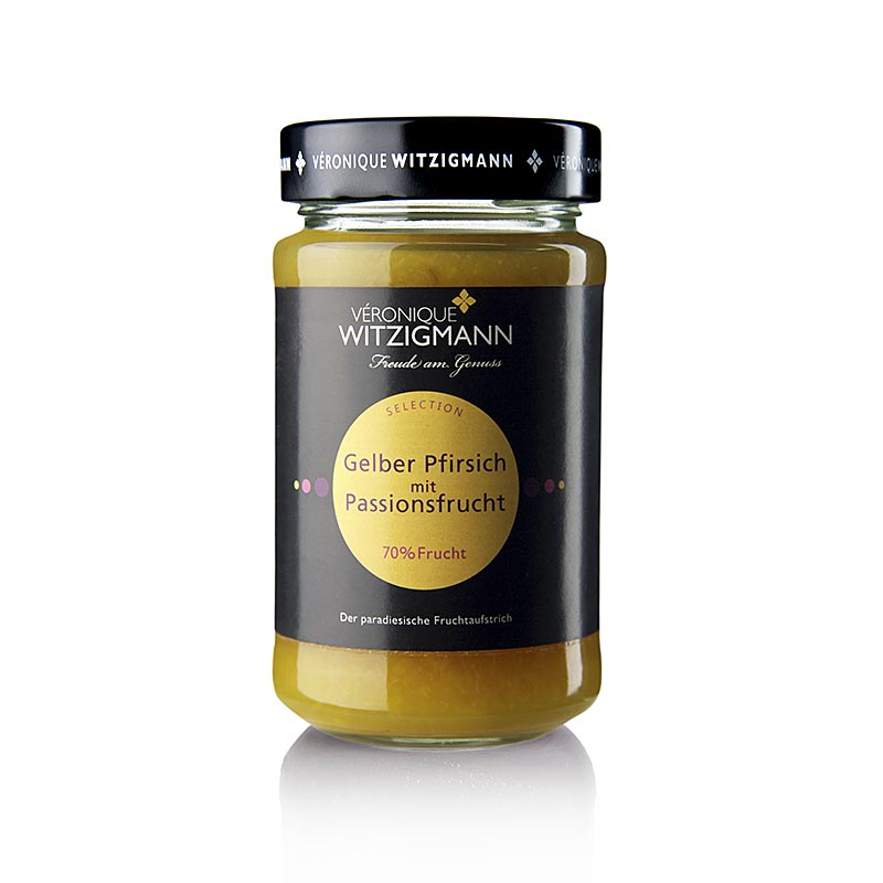 Fruchtaufstrich Gelber Pfirsich mit Passionsfrucht, 225 g, handgekocht von Véronique Witzigmann, mit feinem Pfirsichgeschmack und unterstrichen von Passionsfrucht, Qualität und Sorgfalt in jedem Glas