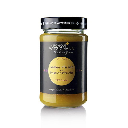 Fruchtaufstrich Gelber Pfirsich mit Passionsfrucht, 225 g, handgekocht von Véronique Witzigmann, mit feinem Pfirsichgeschmack und unterstrichen von Passionsfrucht, Qualität und Sorgfalt in jedem Glas