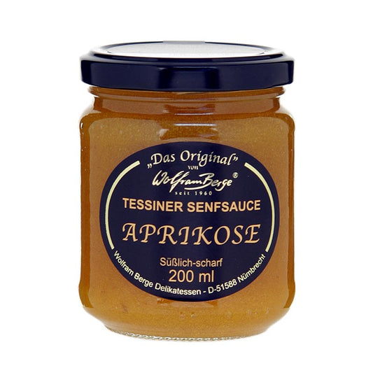 Original Tessiner Aprikosen-Senf-Sauce, Wolfram Berge, 200 ml - süß-scharfe Sauce für herzhafte und süße Gerichte, passt zu Geflügel, Käse und Salatsaucen