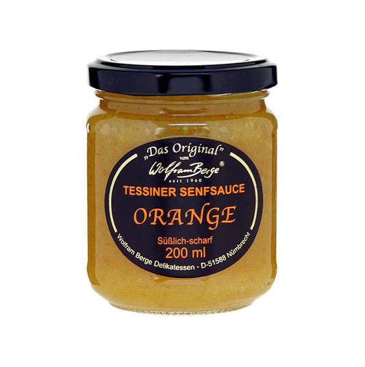 Original Tessiner Orangen-Senf-Sauce, Wolfram Berge, 200 ml - Süß-scharfe fruchtige Sauce, perfekt als Topping für Käse und Canapés Geeignet für Hähnchen, Ente, Gans, Lachs und Crème fraiche Leuchtend orange in der Farbe