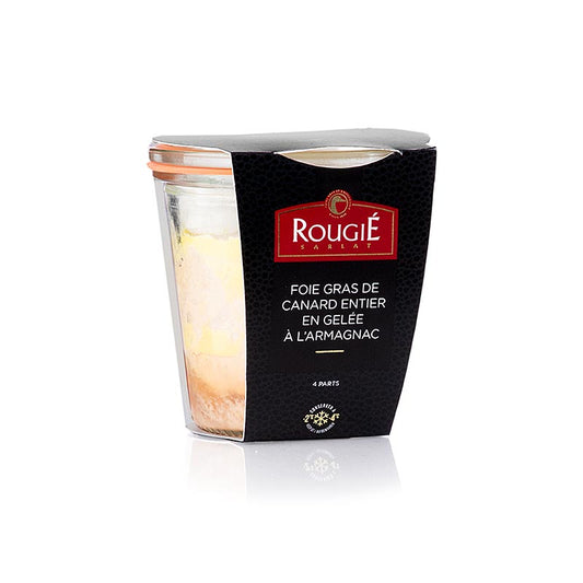 Entenstopfleber - Entier, mit Armagnac, Rougié, 180 g: Ganze Stopfleberstücke von der Ente mit Armagnac-Gelee und Gewürzen, als Vorspeise für 4 Personen, aus gegarter reiner Entenleber, vor dem Genießen 15 Minuten aus dem Kühlschrank nehmen