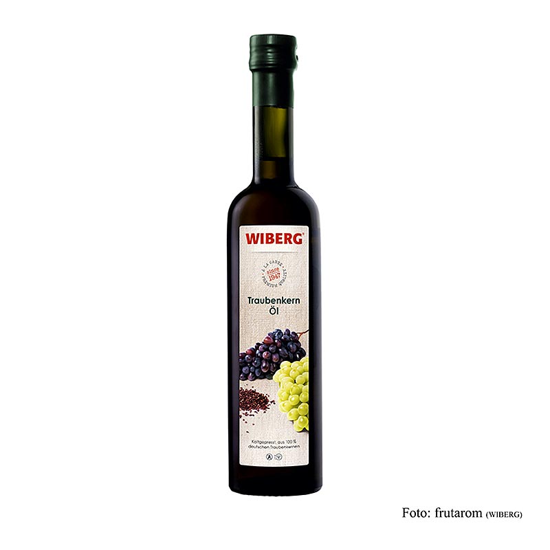 Wiberg Traubenkernöl, kaltgepresst, 500 ml - grün-nussiger Geschmack, ideal zum Veredeln von Salaten, Getreide- und Gemüsegerichten, zum Braten von Fleisch und für Spezialitäten von Kaninchen, Wild und Wildgeflügel, perfekt kombinierbar mit Wiberg Balsamico Weißweinessig, Sherry Essig, Aceto Plus Johannisbeere, Passionsfrucht und Preiselbeere