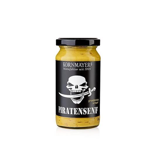 Kornmayer - Piraten Senf, mit roter Pfefferschote und Rum, gnadenlos scharf, 210 ml - Der würzige Piratensenf mit roten Pfefferschoten, Senfsaat, Meersalz, rosa Beeren und einem Schuss Rum, für echte Haudegen!