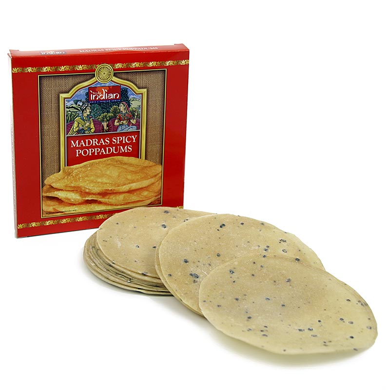 Leckere Pappadums mit schwarzem Pfeffer, 12-13cm, 112g, 12 Stück, knusprig gebacken und typisch indisch Ideal als Snack, mit Dips oder als Beilage zu Curry-Gerichten