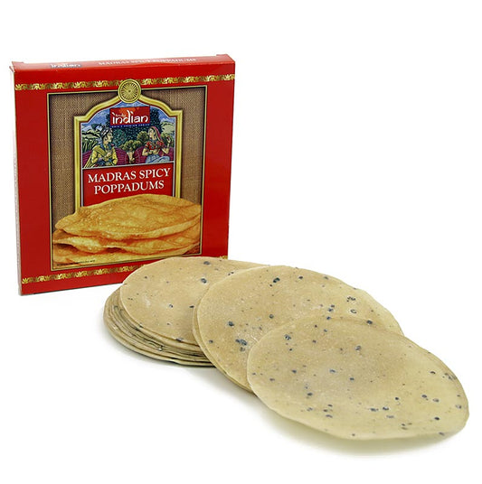 Leckere Pappadums mit schwarzem Pfeffer, 12-13cm, 112g, 12 Stück, knusprig gebacken und typisch indisch Ideal als Snack, mit Dips oder als Beilage zu Curry-Gerichten