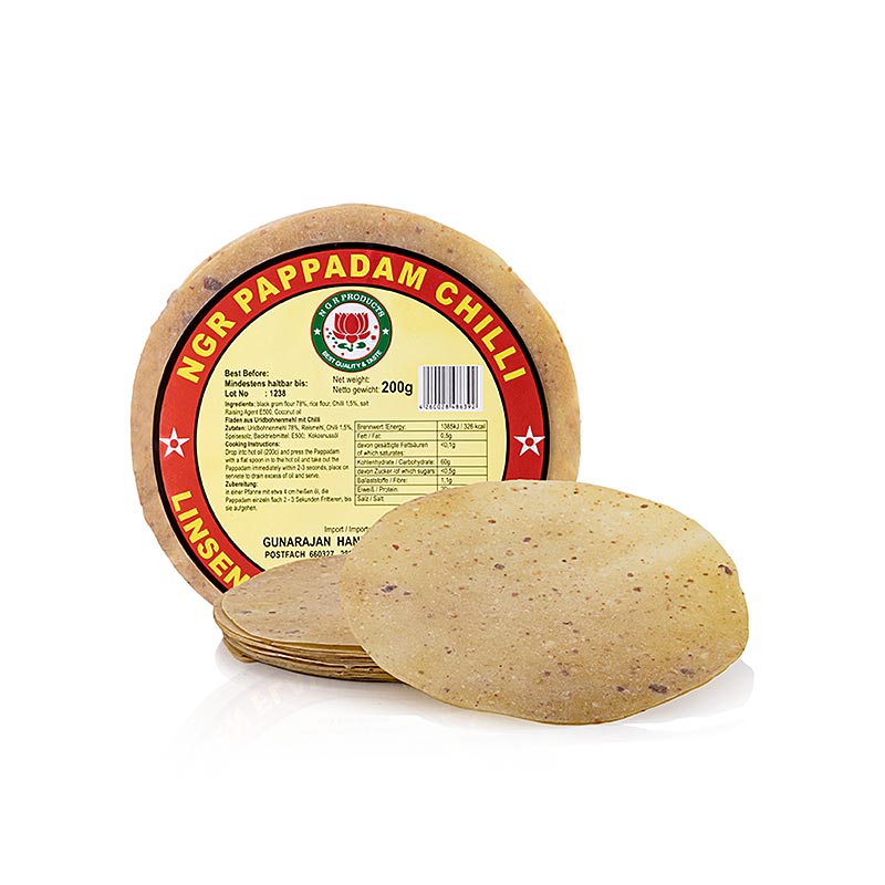 Pappadums, assaisonnés de piments rouges, env. ø 15cm, 200 g, 12 pcs