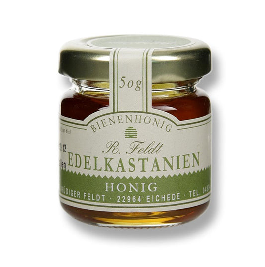 Apiculture Feldt -Miel, brun moyen, liquide, légèrement amer, pot individuel, 50 g