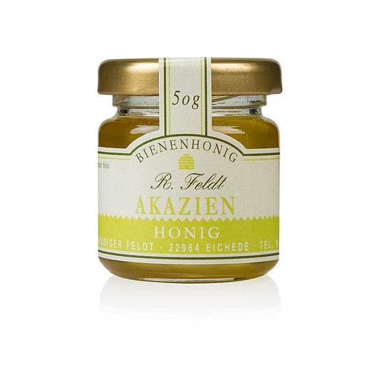 Apiculture Feldt -Miel, couleur or clair, liquide, délicatement sucré, pot individuel, 50 g