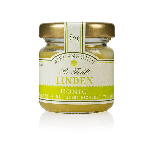 Linden-Honig, Deutschland, hell, cremig, kräftig-frisch, sommerlich, Portionsglas, 50 g - Ein kräftiger und frischer Honig mit typischem Lindenaroma, gewonnen aus den Wipfeln bis zu 30m hoher Lindenbäume in der norddeutschen Tiefebene