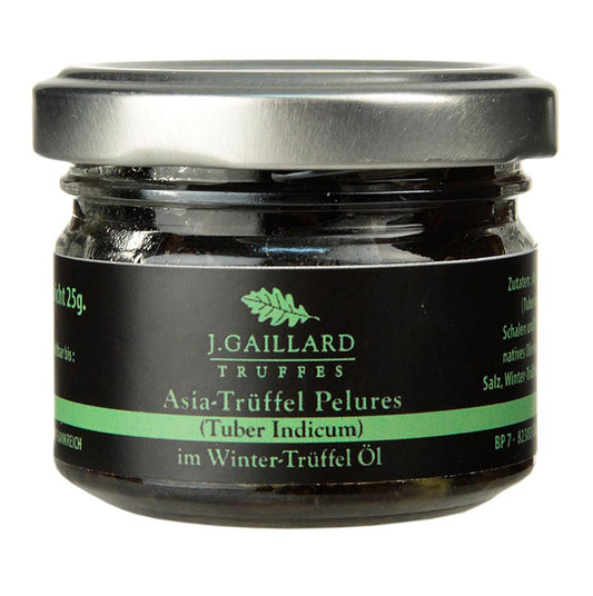 Asia Trüffel Pelures, Trüffelschalen/-scheiben, in Trüffelöl (Aroma), Gaillard, 30 g - Produktbild für das Aromatisieren von Saucen mit Winter-Trüffel-Öl