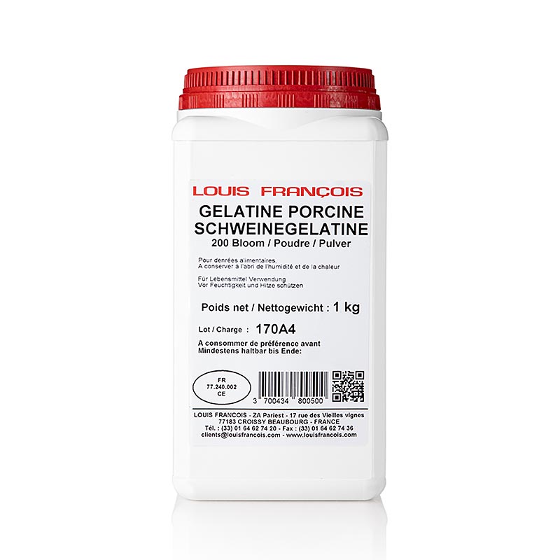 Gelatine Pulver, weiss, 200 Bloom, Louis Francois, 1 kg - Produkt zur Herstellung von farb- und geruchlosem sowie geschmacksneutralem Gelatine Pulver mit 200 Bloom, geeignet für Cremes, Mousse, Terrinen und aromatisierte Gelees