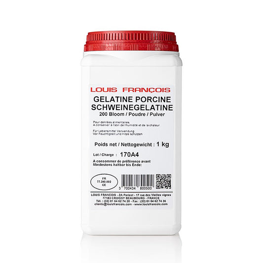 Gelatine Pulver, weiss, 200 Bloom, Louis Francois, 1 kg - Produkt zur Herstellung von farb- und geruchlosem sowie geschmacksneutralem Gelatine Pulver mit 200 Bloom, geeignet für Cremes, Mousse, Terrinen und aromatisierte Gelees