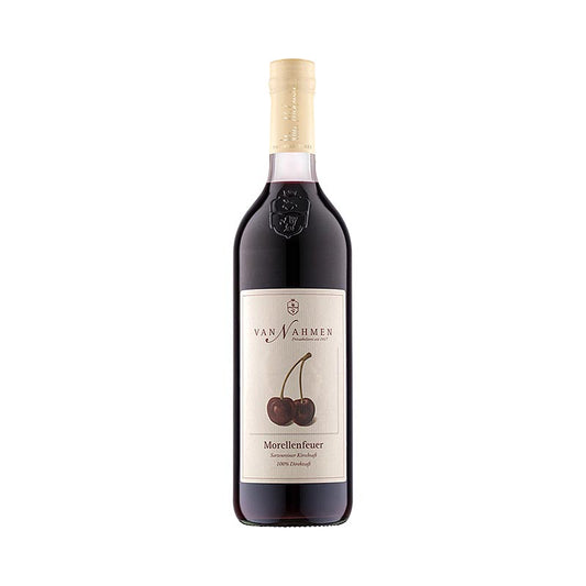 750 ml Flasche von van Nahmen - Morellenfeuer Sauerkirschsaft, 100% Direktsaft, hergestellt aus handverlesenen Morellenfeuer Kirschen vom Obstgut von Danwitz, Mönchengladbach, ohne Konservierungsmittel oder Aromastoffe, unter Verwendung alter Obstsorten zur Erhaltung traditioneller Kultursorten