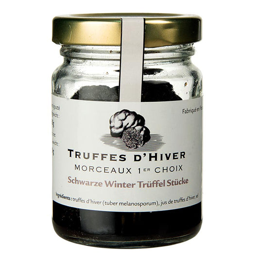 Schwarze Winter-Edeltrüffel in Trüffelsaft eingekocht, ideal für Terrinen, Pasteten und Saucen