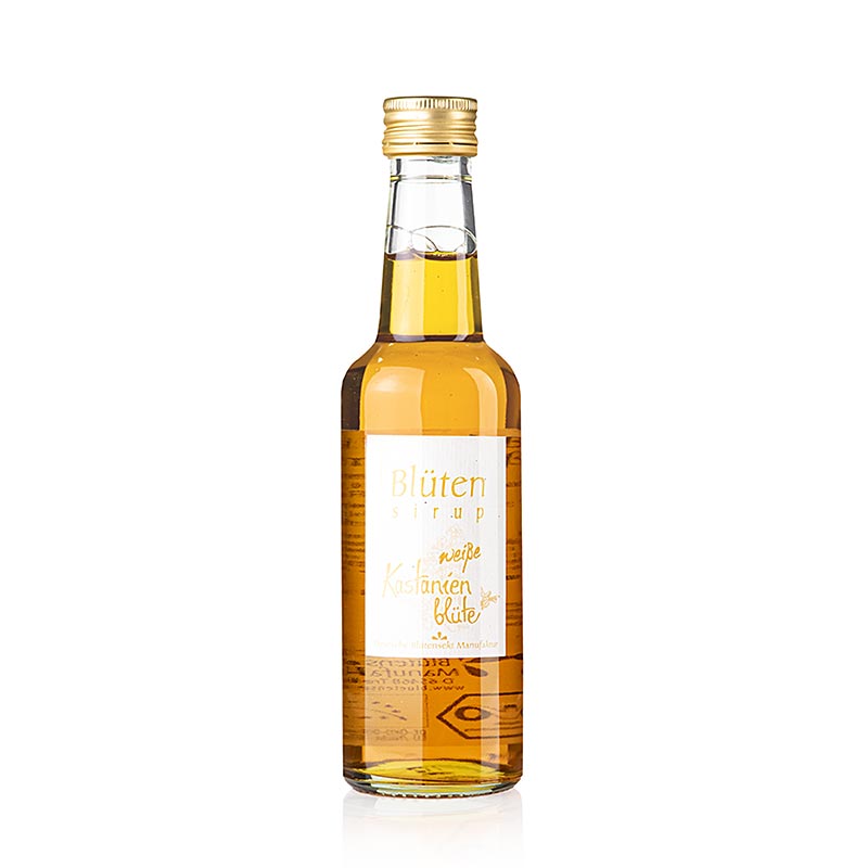 Blütensirup weiße Kastanienblüte, 1:10, BIO, 250 ml - Jahrgangs-Blütensirup aus vollreifen gelben Früchten, süßen Mandeln, Rosinen, Zitronenschale, Biskuit, säure-frisch, Quitte, getrocknete Früchte, Zuckermelone, ideal zum verdünnen, Verfeinern von Sekt, zu Desserts, Johghurt, Müsli, frischen Früchten, von der Deutschen Blütensekt Manufaktur handgeerntet und pflückfrisch verarbeitet, zuckerfrei