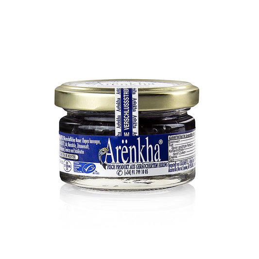 Arënkha Kaviar (ehem Avruga/Harenga), aus geräuchertem Hering, 55 g - alternative Kaviaroption mit rauchigem Aroma und zitroniger Note, serviert auf Pellkartoffeln oder Reibekuchen mit Creme Fraiche