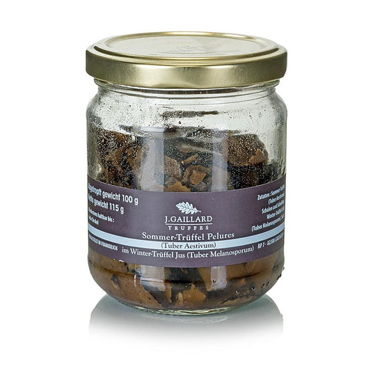 Sommertrüffel Pelures, Trüffelschalen/-scheiben, im Wintertrüffelsaft, Gaillard, 115 g - Zum Aromatisieren von Saucen geeignet, vorher in Olivenöl angedünstet