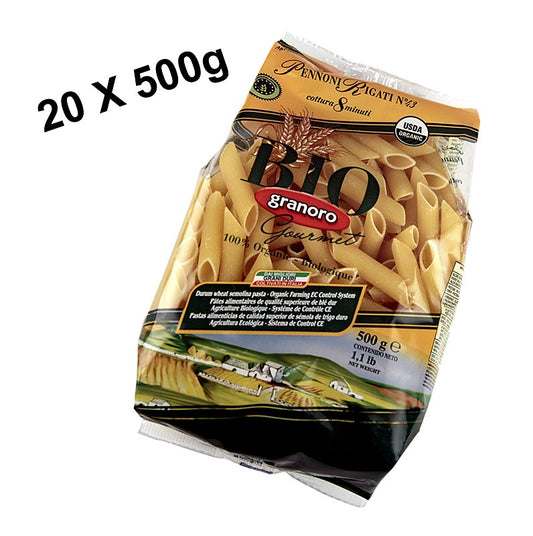 Bio-Pasta Granoro, Pennee Rigati No 43, 10 kg, aus biologischem Hartweizengrieß, ideal für traditionelle italienische Rezepte, in 20 praktischen 500g-Beuteln verpackt