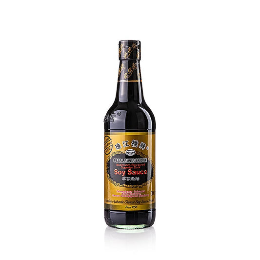 Soja-Sauce - Shoyu, Pearl River Bridge, dunkel, mit Pilzen, China, 500 ml - Natürlich gebraute Soja-Pilzsauce ohne Glutamat oder Farbstoffe, perfekt zum Würzen von asiatischen Fleisch- und Pilzgerichten, Reispfannen und Saucen, verleiht einen feinen Pilzgeschmack